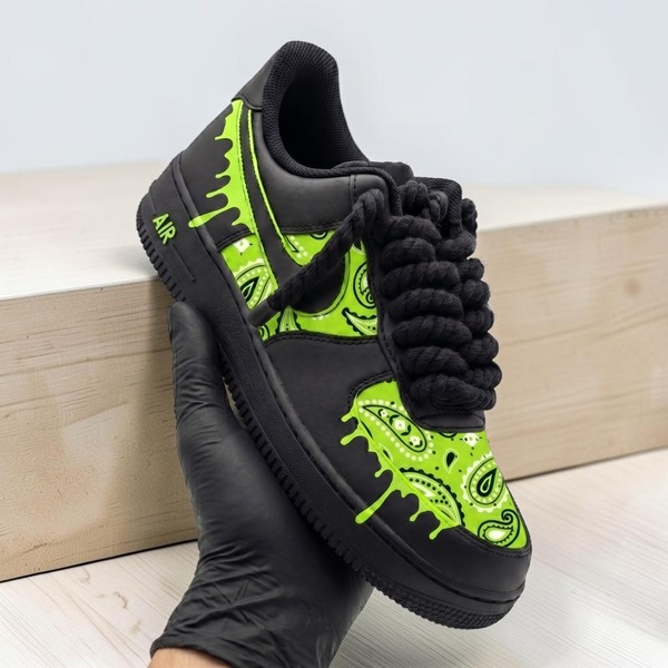 Hand-Painted Neon Green Bandana AF1 Sneakers, Custom Black and Green Drip Shoes, Paisley Custom AF1 Sneakers, Unique Urban Style Shoes. - Custom Hand-Painted Shoes | ZivoSell