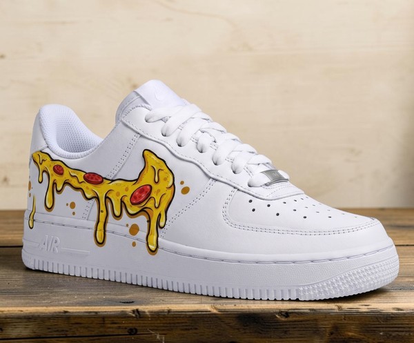 Custom Pizza Drip Sneakers, Hand-Painted Cheese Design White Shoes, Personalized Food Art Low-Top Sneakers - Custom Hand-Painted Shoes | ZivoSell