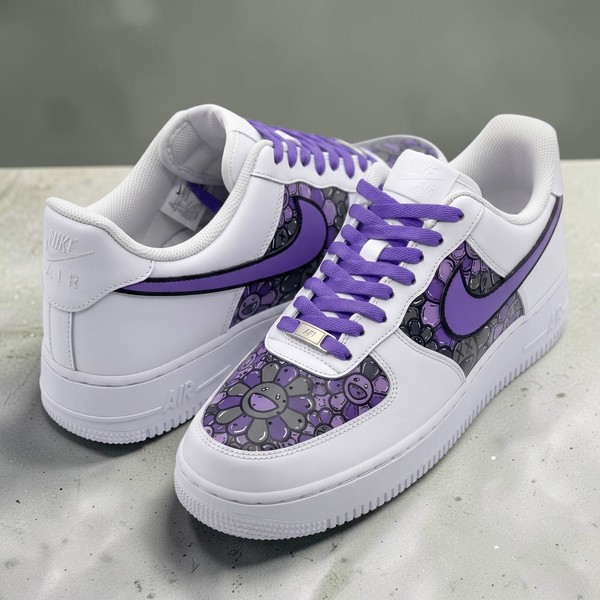 Purple Floral Patterned Low-Top Sneakers, Custom Hand-Painted Flower Design Shoes, Artistic Casual Trainers with Purple Accents - Custom Hand-Painted Shoes | ZivoSell