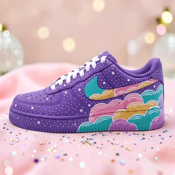Purple Galaxy Stars Sneakers, Rainbow Cloud Low-Top Shoes, Custom Hand-Painted Whimsical Design Sneakers - Custom Hand-Painted Shoes | ZivoSell