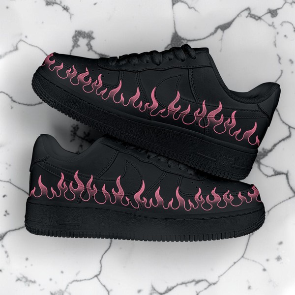 Custom Black Pink Flame Sneakers, Hand Painted Pink Fire Shoes, Unique Custom Black Sneakers, Gift for Him Her. - Custom Hand-Painted Shoes | ZivoSell