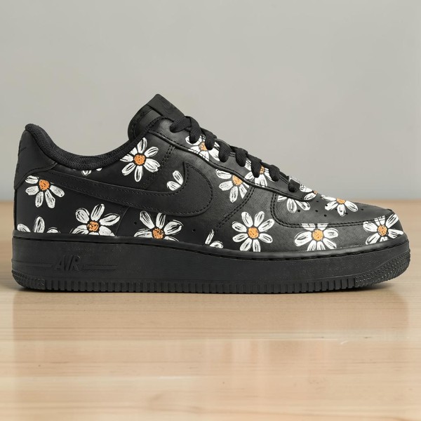Custom Daisy AF1 Black Sneakers, Hand Painted Floral Sneakers, Black AF1 with White Daisies, Unique Flower Shoes, Gift for Men & Women - Custom Hand-Painted Shoes | ZivoSell
