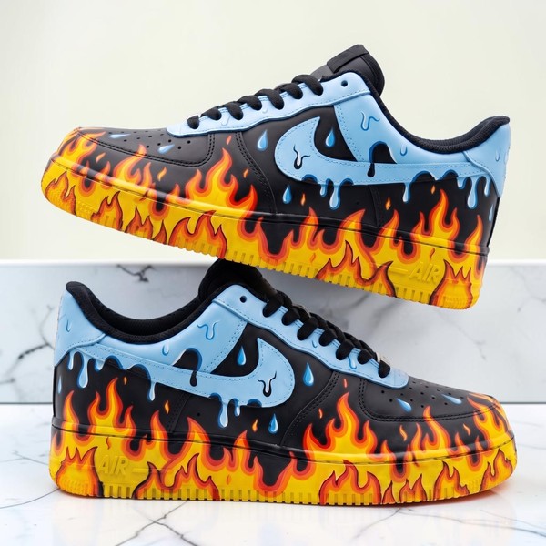 Fire and Ice Custom Sneakers, Hand-Painted Flame Design Shoes, Personalized High-Top Sneakers with Blue Drip Effect - Custom Hand-Painted Shoes | ZivoSell