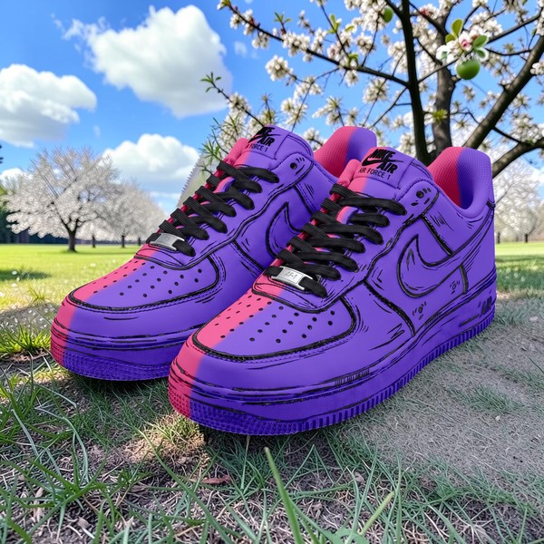 Purple and Pink Custom AF1 Sneakers, Cartoon Style Shoes, Hand Painted Half-Half Purple Pink, 2D Art Sneakers, Unique Gift for Him Her. - Custom Hand-Painted Shoes | ZivoSell