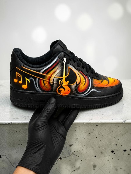 Custom AF1 Guitar Flame Art, Hand-Painted Music Theme Sneakers, Rock'n'Roll Black Customized Shoes, Unique Musician Gift Custom  - Custom Hand-Painted Shoes | ZivoSell