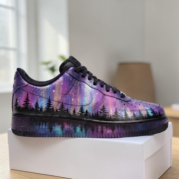 Northern Lights Hand Painted Sneakers, Custom Galaxy Forest Art Footwear, Starry Night Sky Design Trainers, Unique Space Theme Shoes - Custom Hand-Painted Shoes | ZivoSell