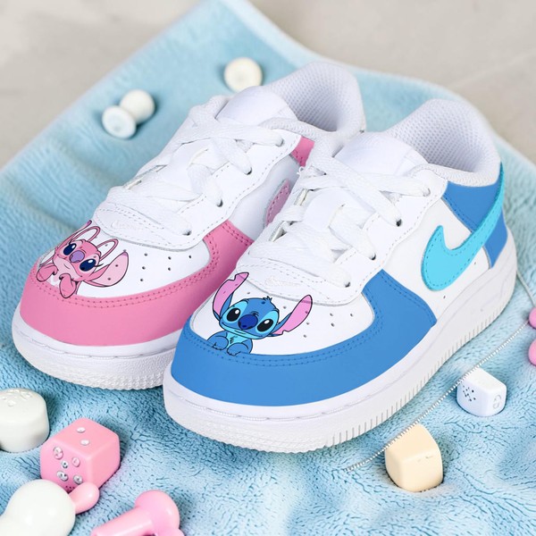 Custom Blue Pink Alien AF1 Kids Sneakers, Hand Painted White Love Alien Sneakers, Cartoon Characters Shoes, Gift for Him Her. - Custom Hand-Painted Shoes | ZivoSell