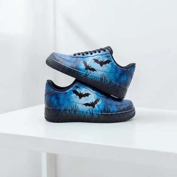 Custom Spooky Bat Sneakers, Hand Painted Night Sky Black Shoes, Blue Moon Sneakers, Halloween Custom Shoes, Unique Gift for Him Her. - Custom Hand-Painted Shoes | ZivoSell
