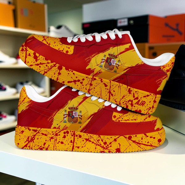 Spain Flag Custom Sneakers, Red Yellow Splatter Paint High-Top Shoes, Patriotic Spanish Design Trainers - Custom Hand-Painted Shoes | ZivoSell