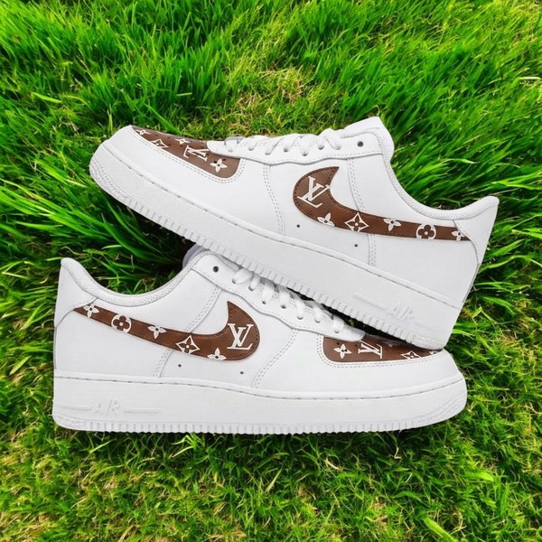 Custom White Sneakers with Brown Monogram Pattern, Hand-Painted Designer-Inspired Low-Top Shoes, Personalized Casual Sneakers - Custom Hand-Painted Shoes | ZivoSell