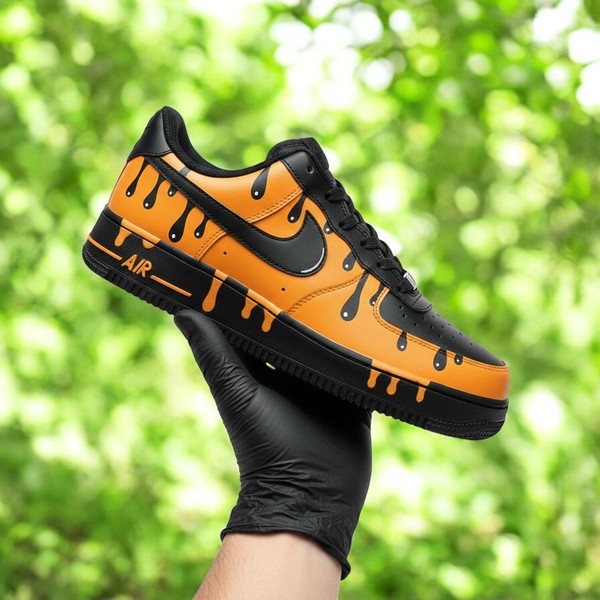 Black Orange Drip Custom Air Force 1 Sneakers, Hand Painted Black Orange Drip AF1 Shoes, Personalized Black AF1 Shoes - Custom Hand-Painted Shoes | ZivoSell