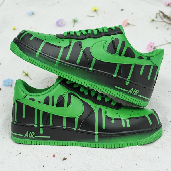 Hand Painted Black Green Drip AF1, Custom Sneakers Green Design, Aesthetic AF1 Custom, Gift for Sneakerheads. - Custom Hand-Painted Shoes | ZivoSell