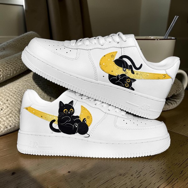 Hand Painted Black Cat AF1 Sneakers, Custom Cat Yellow Moon Shoes, Cute Animal Sneakers AF1 Sneakers, Gifts for Cat Lover. - Custom Hand-Painted Shoes | ZivoSell