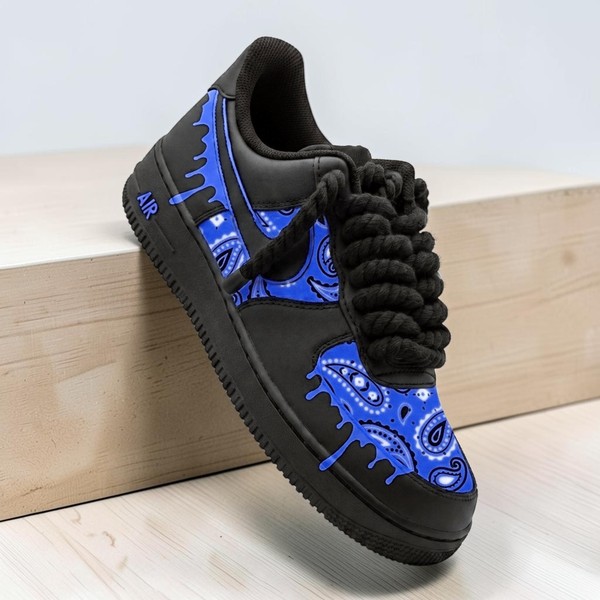 Hand-Painted Royal Blue Bandana AF1 Sneakers, Custom Black and Blue Drip Shoes, Paisley Custom AF1 Sneakers, Unique Urban Style Shoes. - Custom Hand-Painted Shoes | ZivoSell