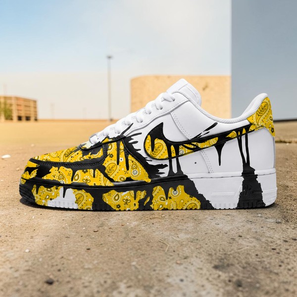 Hand Painted Yellow Bandana and Black Splatter AF1 Sneakers, Custom Street White Sneakers, Unique Gift for Him and Her. - Custom Hand-Painted Shoes | ZivoSell