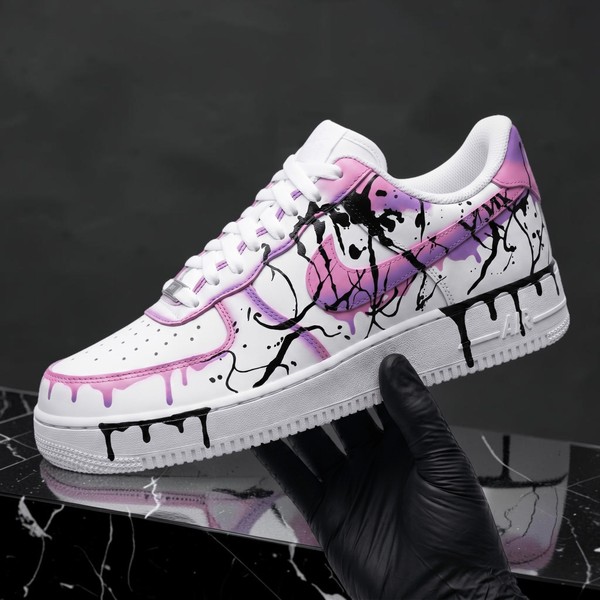 Custom Pink and Black Drip Sneakers, Hand-Painted Pink and Black Paint Drip Design Shoes, Personalized Sneakers for Art Lovers, Unique Graffiti Art - Custom Hand-Painted Shoes | ZivoSell