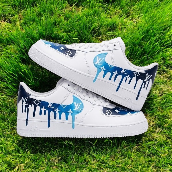 Custom Drip Low-Top Sneakers, Hand-Painted Blue Monogram Design, Personalized Street Art Shoes - Custom Hand-Painted Shoes | ZivoSell