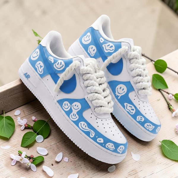 Blue Smiley Face Sneakers, Custom Hand-Painted Happy Design Shoes, Personalized Cheerful Low-Top Sneakers - Custom Hand-Painted Shoes | ZivoSell