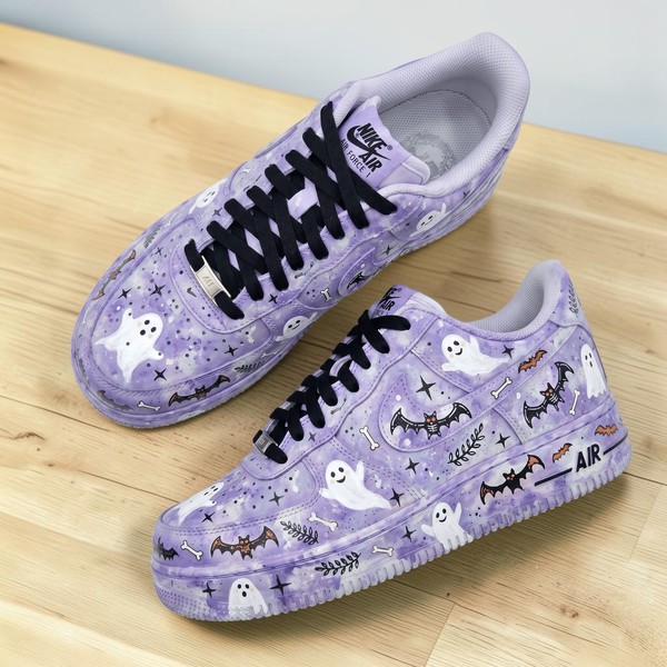 Hand Painted Cute Ghost Sneakers, Custom Pastel Purple Shoes, Spooky Halloween Bat Sneakers, Gift for Him Her. - Custom Hand-Painted Shoes | ZivoSell