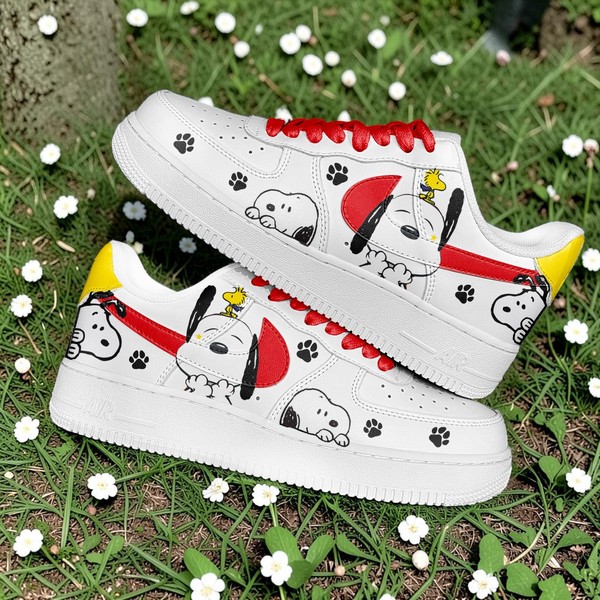 Custom Snoopy Sneakers, Hand-Painted Beagle Dog Shoes, Personalized White Low-Top Sneakers with Red Accents - Custom Hand-Painted Shoes | ZivoSell
