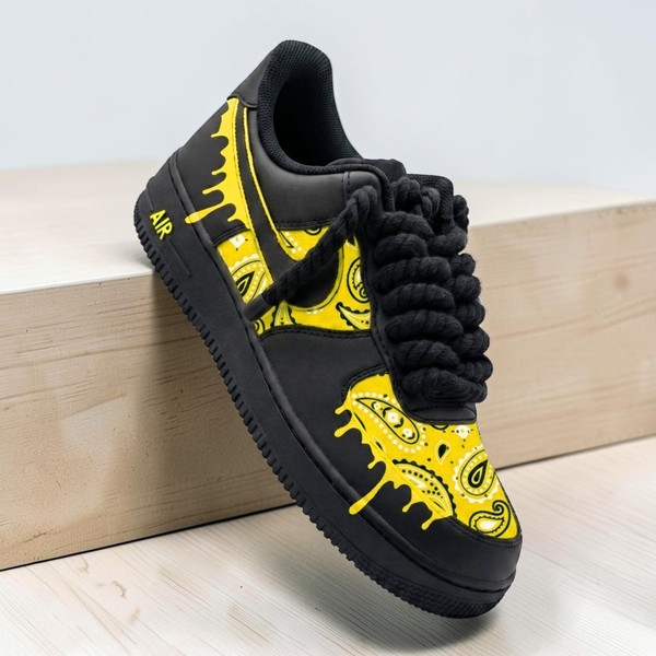 Hand-Painted Yellow Bandana AF1 Sneakers, Custom Black and Yellow Drip Shoes, Paisley Custom AF1 Sneakers, Unique Urban Style Shoes. - Custom Hand-Painted Shoes | ZivoSell