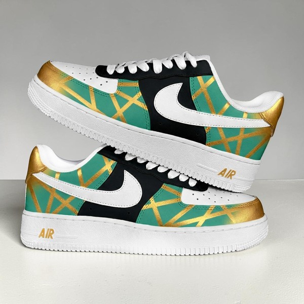 Custom Teal and Gold Line AF1 Sneakers, Hand Painted Metallic Gold Sneakers, White and Teal AF1 Shoes, Gift for Him Her. - Custom Hand-Painted Shoes | ZivoSell
