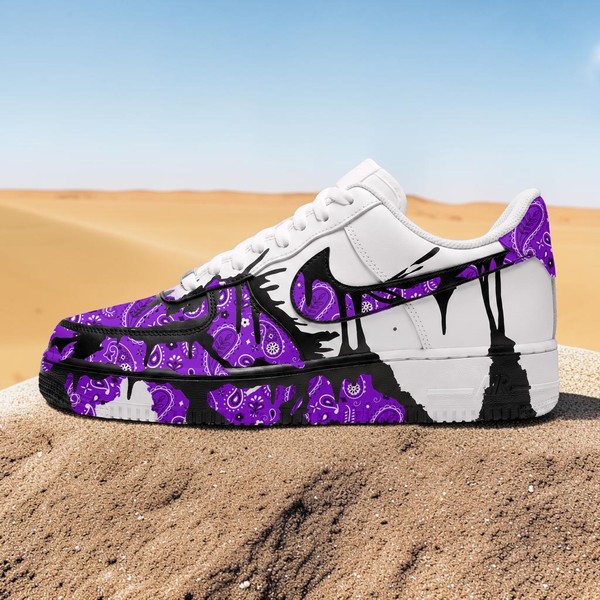 Hand Painted Purple Bandana and Black Splatter AF1 Sneakers, Custom Street Purple White Sneakers, Unique Gift for Him and Her. - Custom Hand-Painted Shoes | ZivoSell