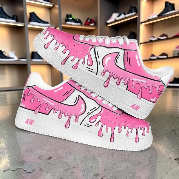 Custom Pink Cartoon Drip Sneakers, Hand Painted Pastel Pink Shoes, Pink and White Sneakers, Cute Gift for Her. - Custom Hand-Painted Shoes | ZivoSell