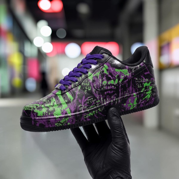 Custom Graffiti Purple and Green AF1 Sneakers, Black Splatter Shoes, Unique Dark Aesthetic Streetwear Sneaker. - Custom Hand-Painted Shoes | ZivoSell