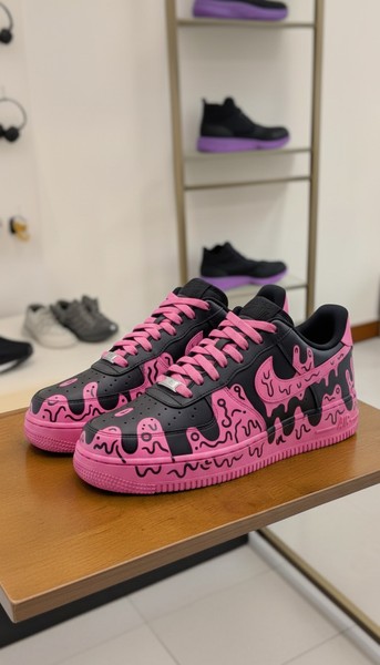 Custom Pink & Black Drip Sneakers, Hand-Painted Melting Design High-Top Shoes, Personalized Street Art Sneakers - Custom Hand-Painted Shoes | ZivoSell