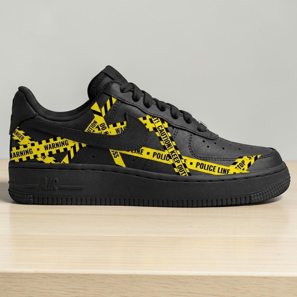 Hand Painted Warning Tape Black AF1 Sneakers, Custom Black AF1 Shoes, Unique Streetwear AF1, Yellow Cautions Design Shoes, Gift for Him Her. - Custom Hand-Painted Shoes | ZivoSell
