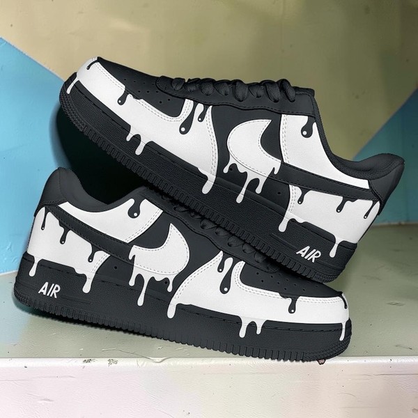 Custom Drip Paint Sneakers, Black & White Melting Design High-Top Shoes, Artistic Streetwear Sneakers - Custom Hand-Painted Shoes | ZivoSell