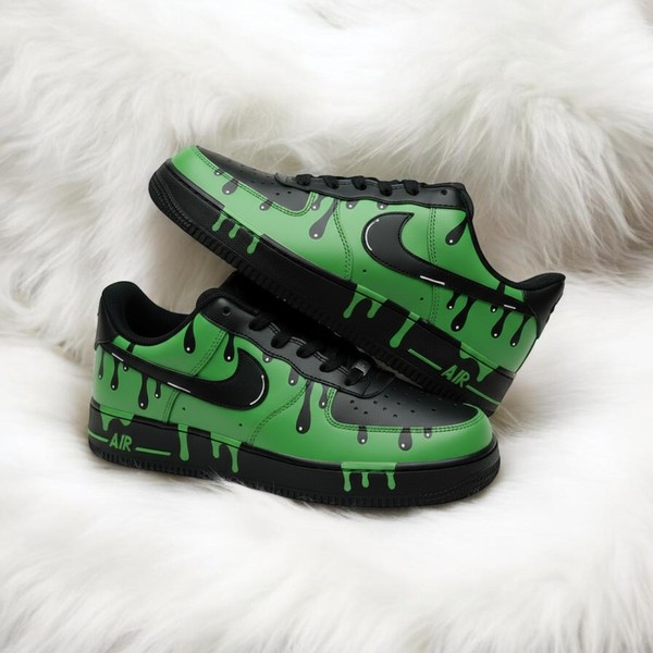 Black Green Drip Custom Air Force 1 Sneakers, Hand Painted Black Green Drip AF1 Shoes, Personalized Black AF1 Shoes - Custom Hand-Painted Shoes | ZivoSell
