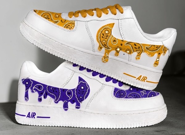 Custom Purple and Yellow Bandana AF1 Sneakers, Hand Painted Drip Effect Paisley Shoes, Unique Streetwear Shoes, Personalized Gifts. - Custom Hand-Painted Shoes | ZivoSell