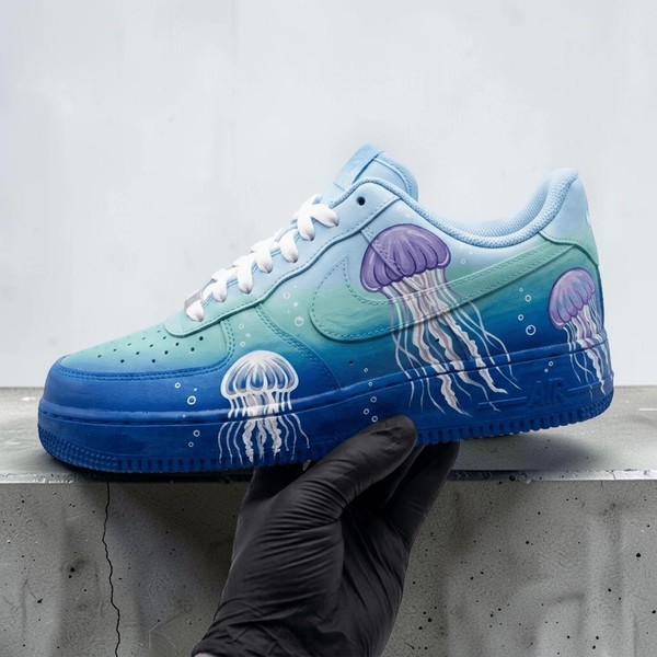 Custom Jellyfish Ocean Sneakers, Hand-Painted Sea Creature Low-Top Shoes, Gradient Blue Aquatic Design Sneakers - Custom Hand-Painted Shoes | ZivoSell