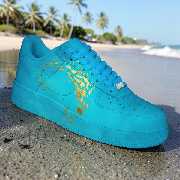 Custom Turquoise Ocean AF1 Sneakers , Hand Painted Golden Fish Shoes, Turquoise Blue & Gold AF1, Unique Gift for Sneakers Lovers. - Custom Hand-Painted Shoes | ZivoSell