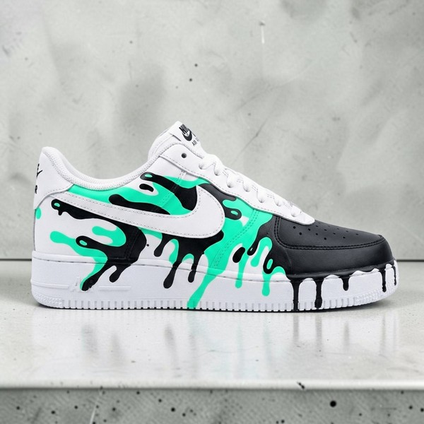 Custom Mint Green and Black Drip AF1 Sneakers, Hand Painted Neon Melting Paint Shoes, Bold Mint and Black AF1 Design, Unique Sneakers. - Custom Hand-Painted Shoes | ZivoSell