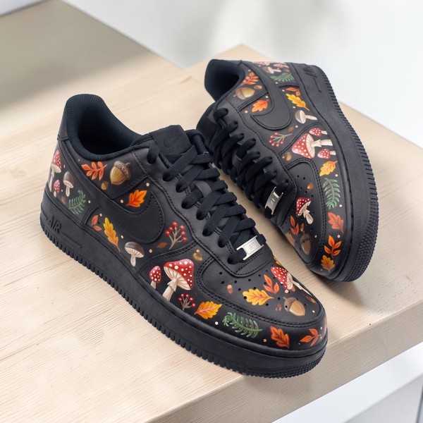 Autumn Forest Sneakers, Hand-Painted Woodland Design Shoes, Custom Fall Leaves & Mushroom Sneakers - Custom Hand-Painted Shoes | ZivoSell