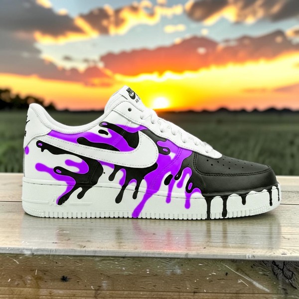 Custom Purple Drip Sneakers, Hand-Painted Black & White Graffiti Street Art Shoes, Personalized High-Top Trainers - Custom Hand-Painted Shoes | ZivoSell