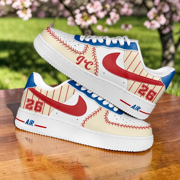 Custom Baseball Sneakers, Red White Blue Pinstripe High-Top Shoes, Personalized Athletic Shoes with Number 26 - Custom Hand-Painted Shoes | ZivoSell