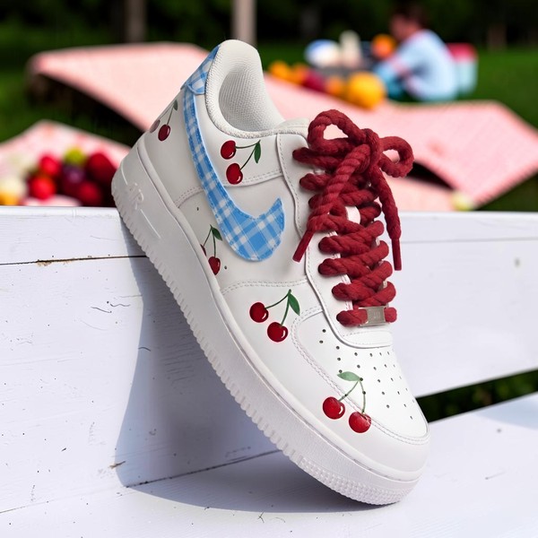 Hand-Painted Cherry and Blue Plaid AF1 Sneakers, Custom Red Blue White Shoes, Coquette Cherry Footwear, Unique Gift for Her. - Custom Hand-Painted Shoes | ZivoSell