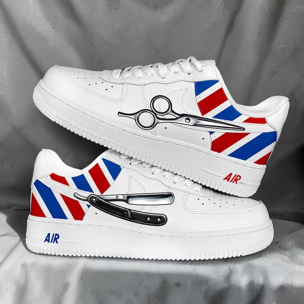 Hand Painted Barber Style AF1 Sneakers, Custom Scissors and Straight Razor Shoes, Red White and Blue Sneakers, Gift for Hairstylist. - Custom Hand-Painted Shoes | ZivoSell