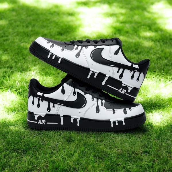 Black White Drip Custom Air Force 1 Sneakers, Hand Painted Black White Drip AF1 Shoes, Personalized Black AF1 Shoes - Custom Hand-Painted Shoes | ZivoSell