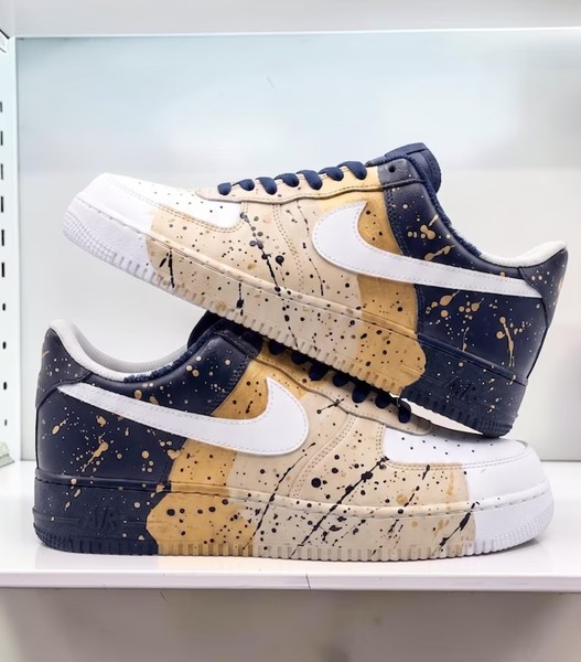 Custom Navy Blue and Beige Splatter Sneakers, Hand Painted White Shoes, Unique Sneakers for Men and Women. - Custom Hand-Painted Shoes | ZivoSell