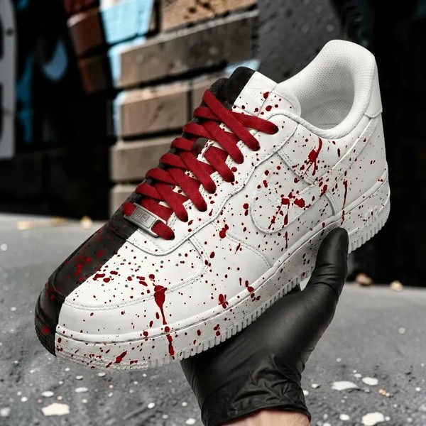 Hand Painted Black and White Red Splatter Sneakers, Custom Split Black and White Color Shoes, Unique Urban Shoes. - Custom Hand-Painted Shoes | ZivoSell